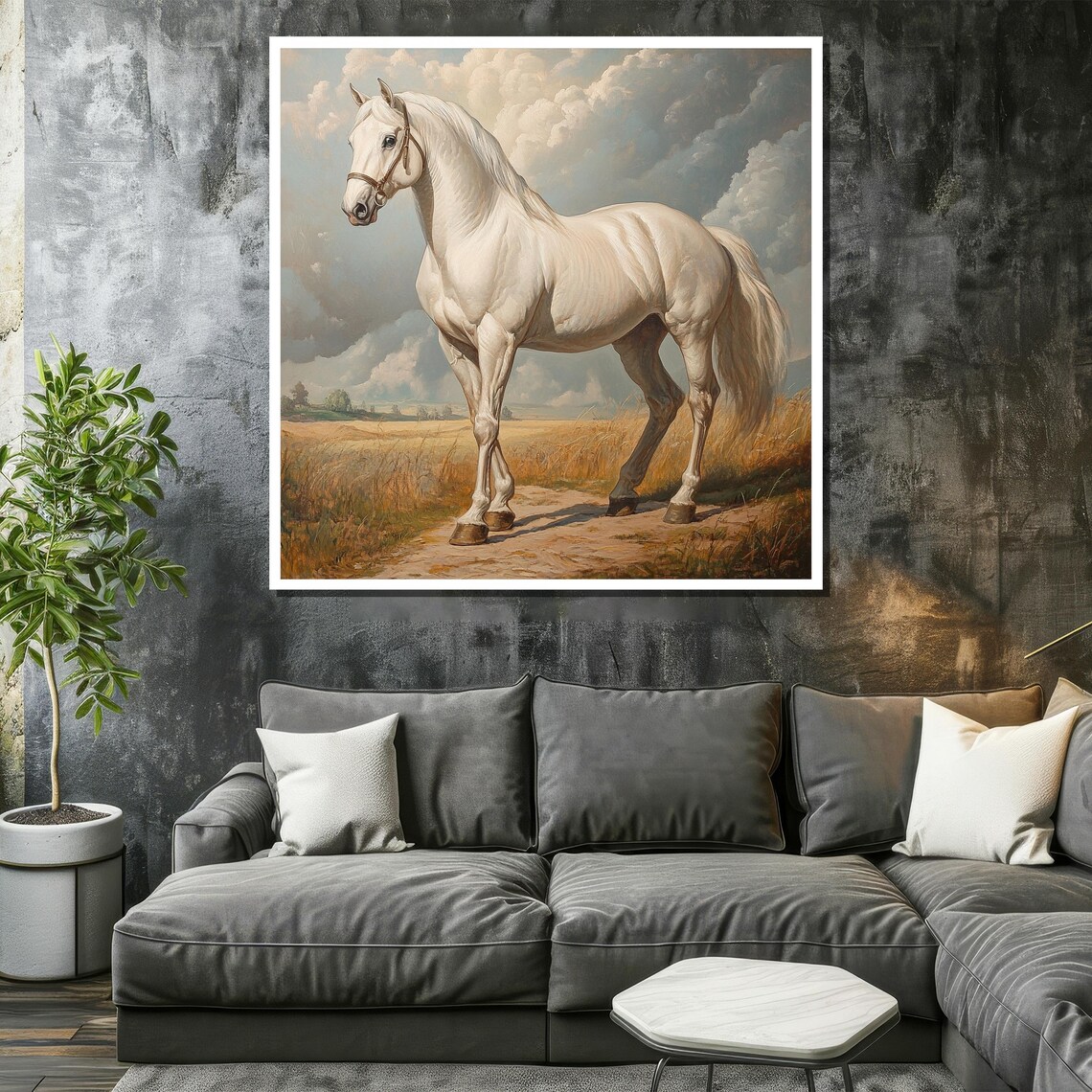 Majestic White Horse Standing in Classic Pastoral Landscape Poster - Image 2