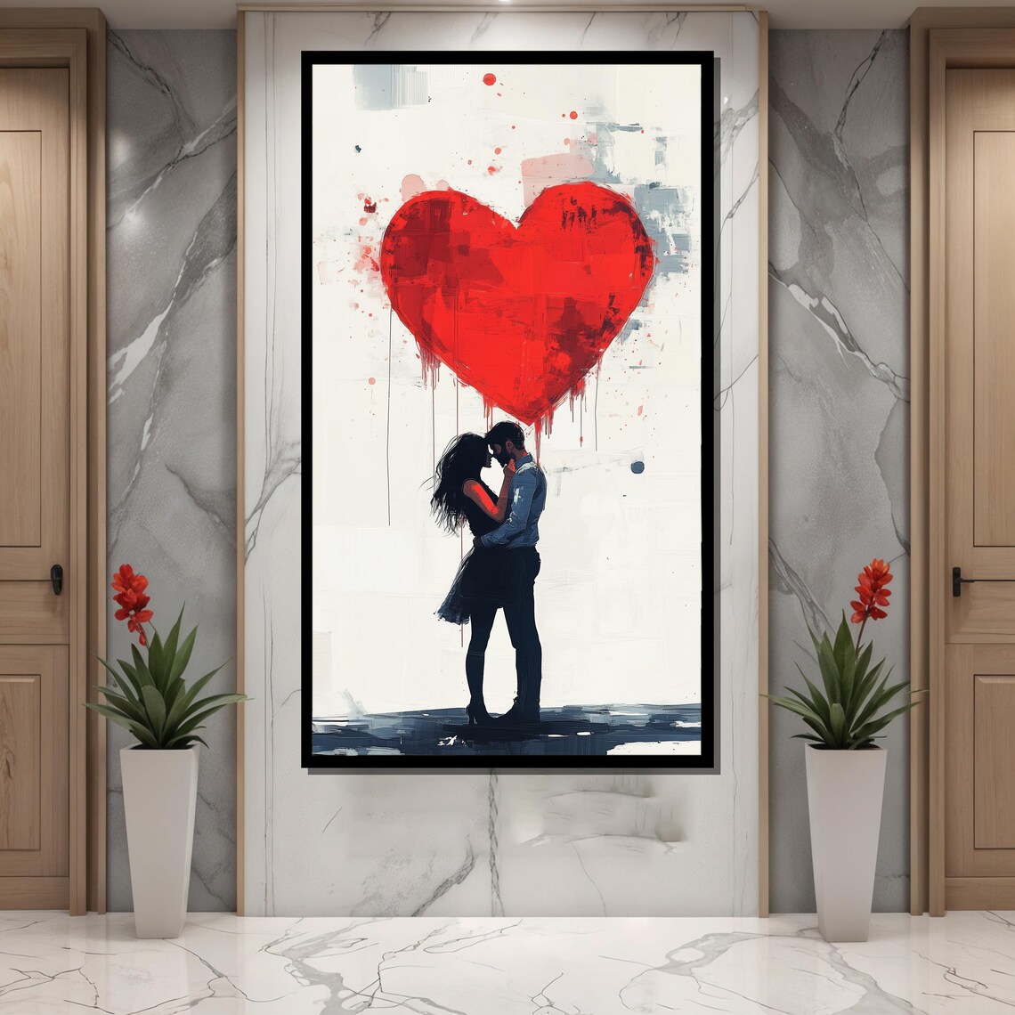 Romantic Couple Under Giant Dripping Red Heart Abstract Love Poster - Image 4