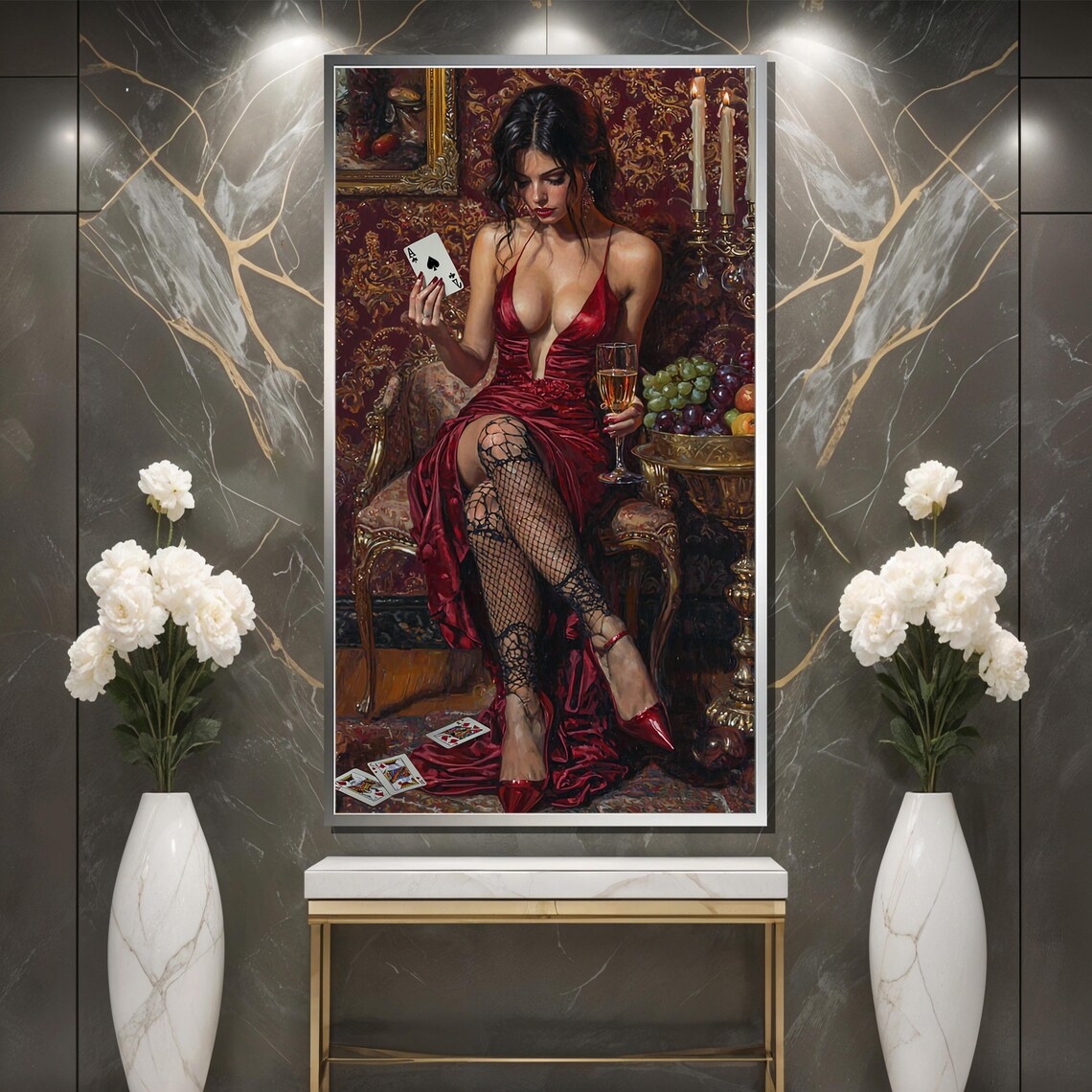Elegant Lady In Red Holding Ace Of Spades Poker Night Poster - Image 3