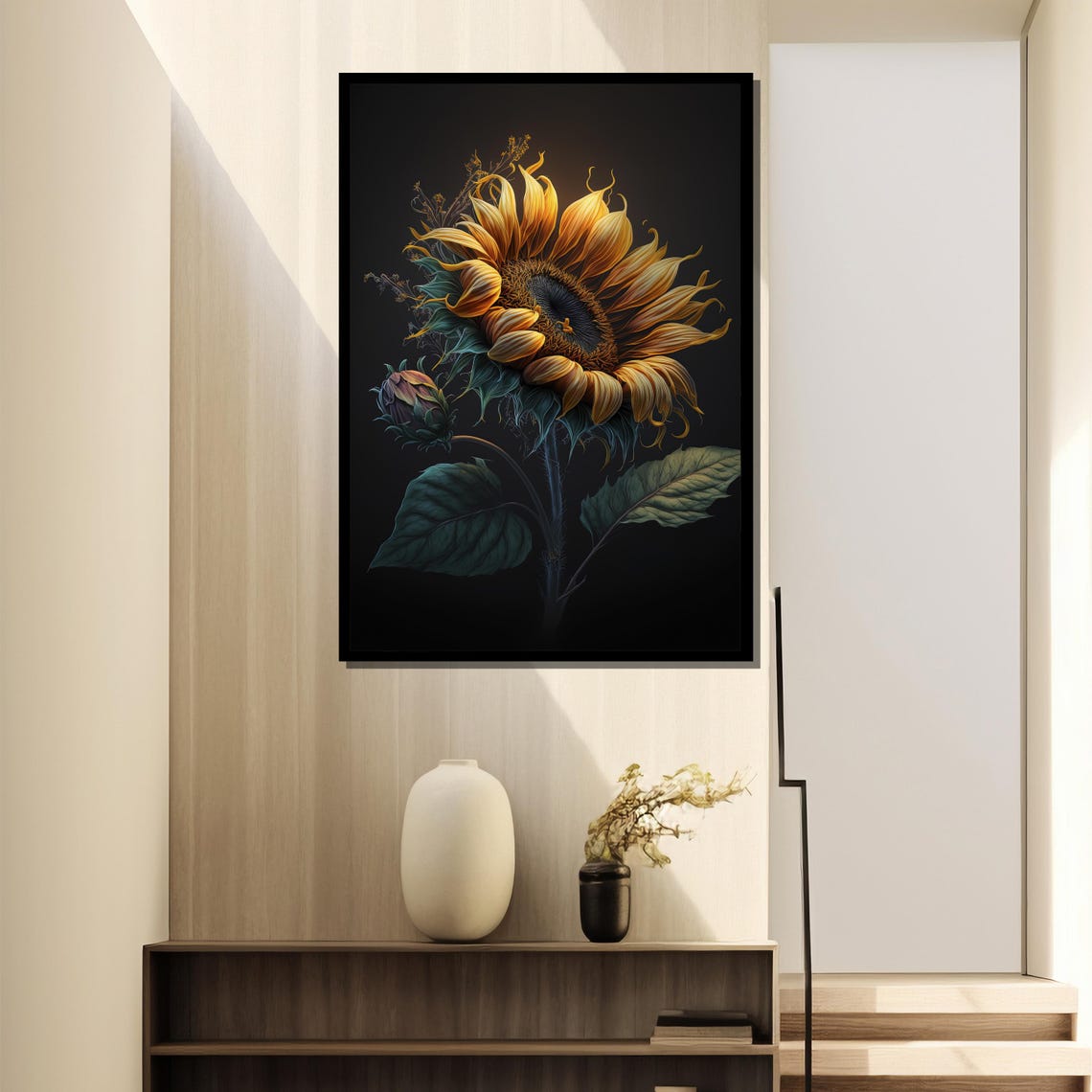 Dramatic Glowing Sunflower On Black Background Moody Floral Art Poster - Image 4