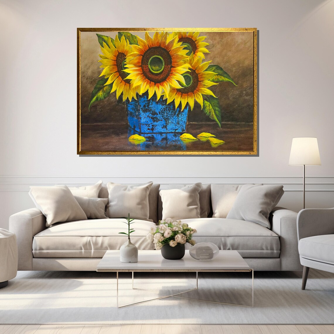 Bright Sunflowers In Blue Rustic Vase Cheerful Floral Wall Art - Image 5
