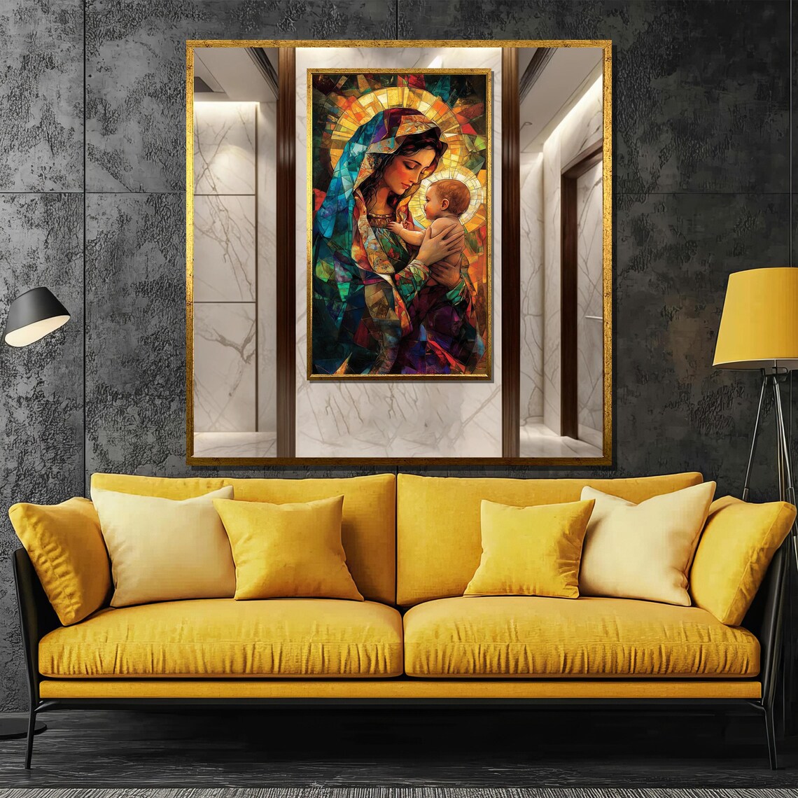 Colorful Stained Glass Madonna and Child Tender Devotional Poster