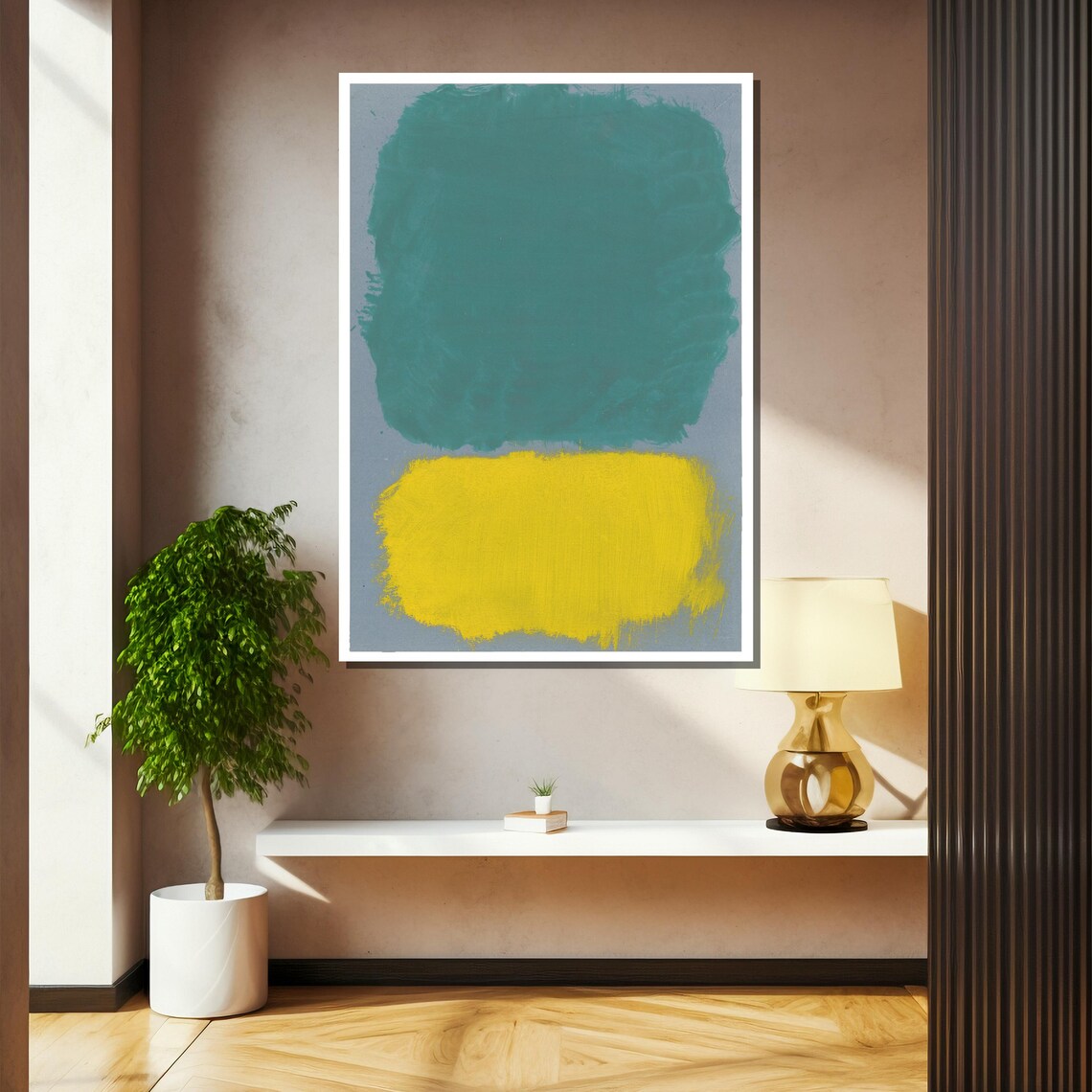Vivid Teal Over Sunny Yellow Blocks Modern Abstract Art Poster - Image 2