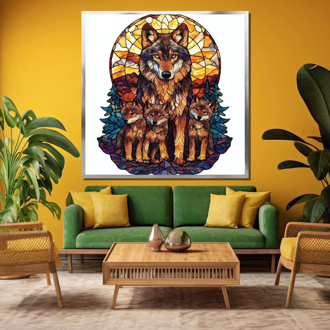 Stained Glass Wolf Mother with Three Pups at Sunset Art Poster - Image 3