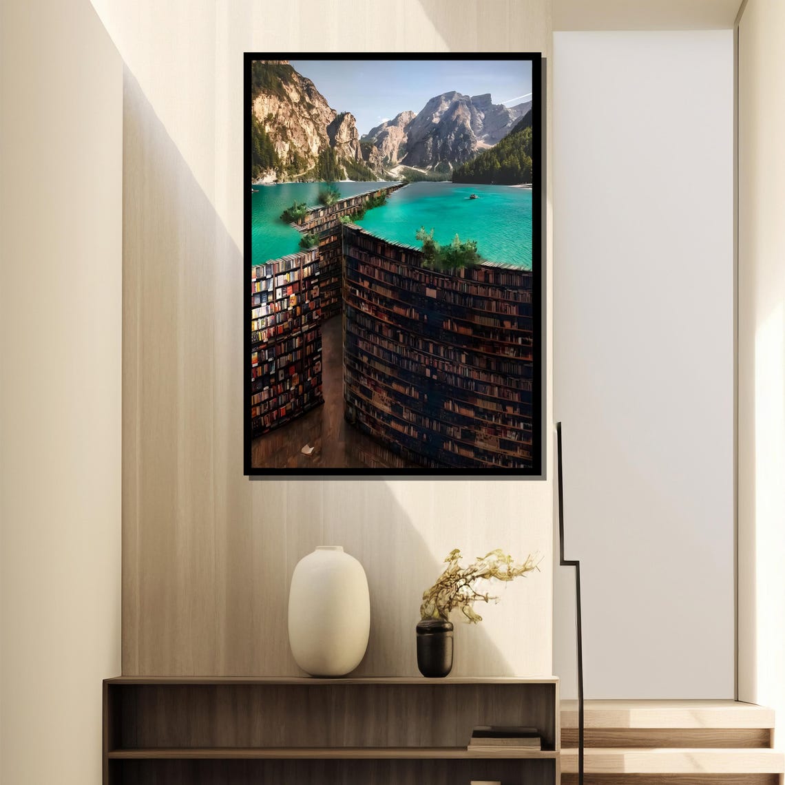 Surreal Book Lined Lake And Mountain Landscape Painting Dreamlike Nature And Knowledge Fusion Art Gift - Image 4