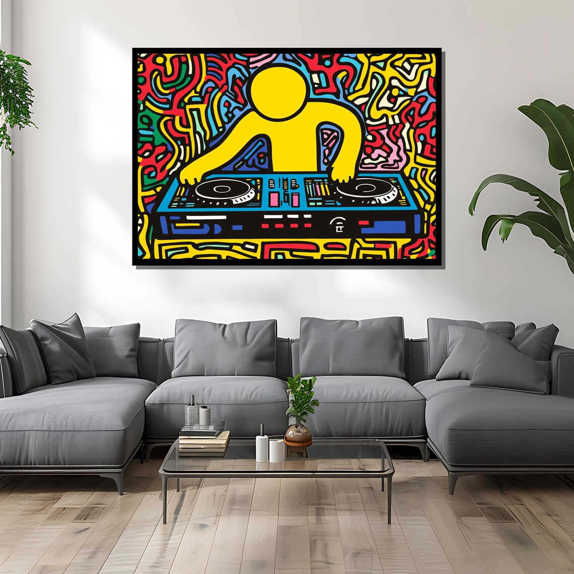 Keith Haring-Inspired Yellow DJ at Turntables Pop Art Music Poster - Image 4