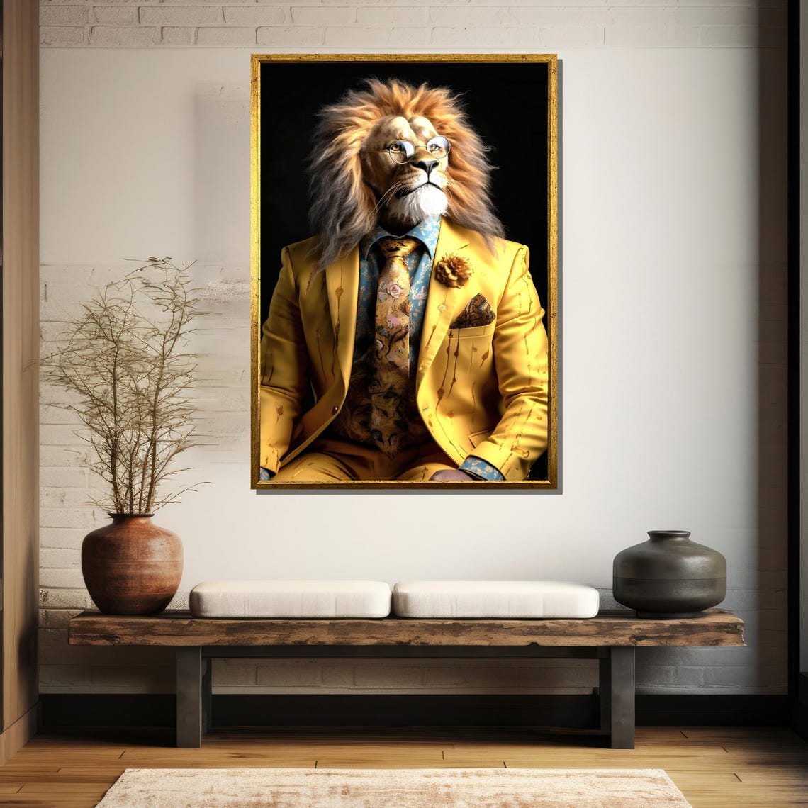 Regal Lion In Yellow Suit Painting Whimsical Animal Art For Bold Home Decor And Gift Idea - Image 5