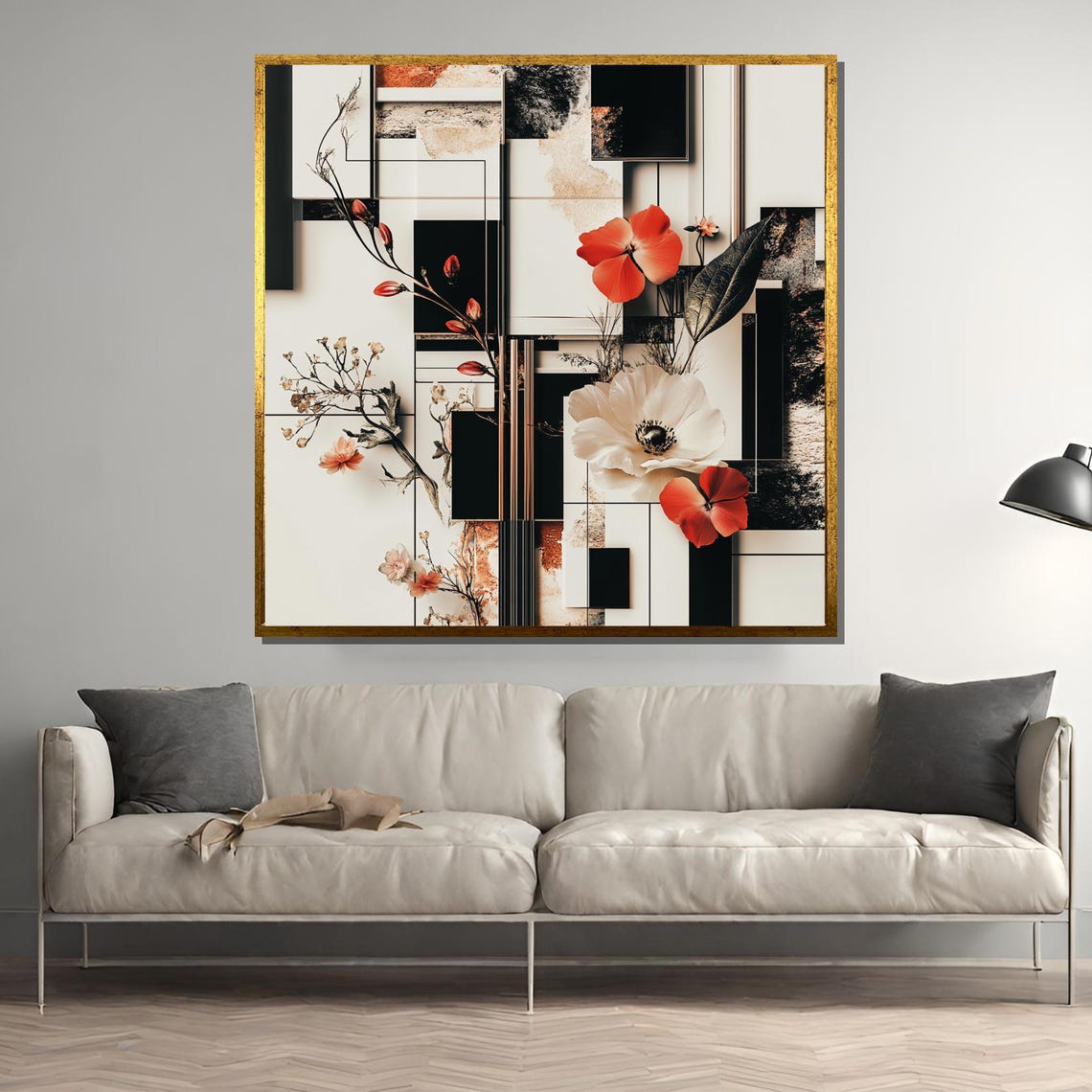 Red White Floral Geometric Abstract Botanical Collage Poster