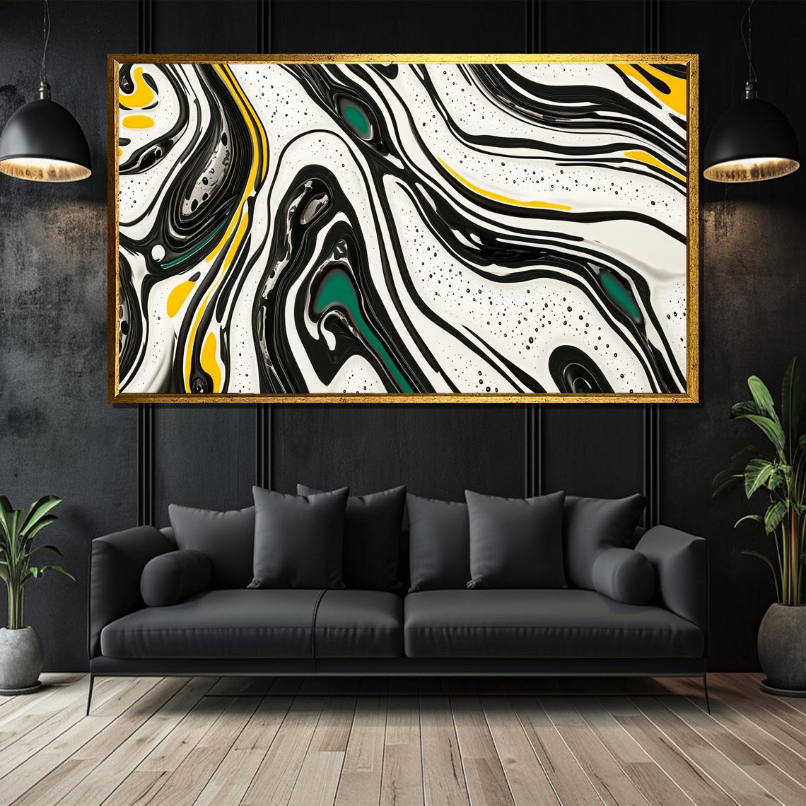 Black White Yellow Green Fluid Swirl Modern Abstract Decor Poster