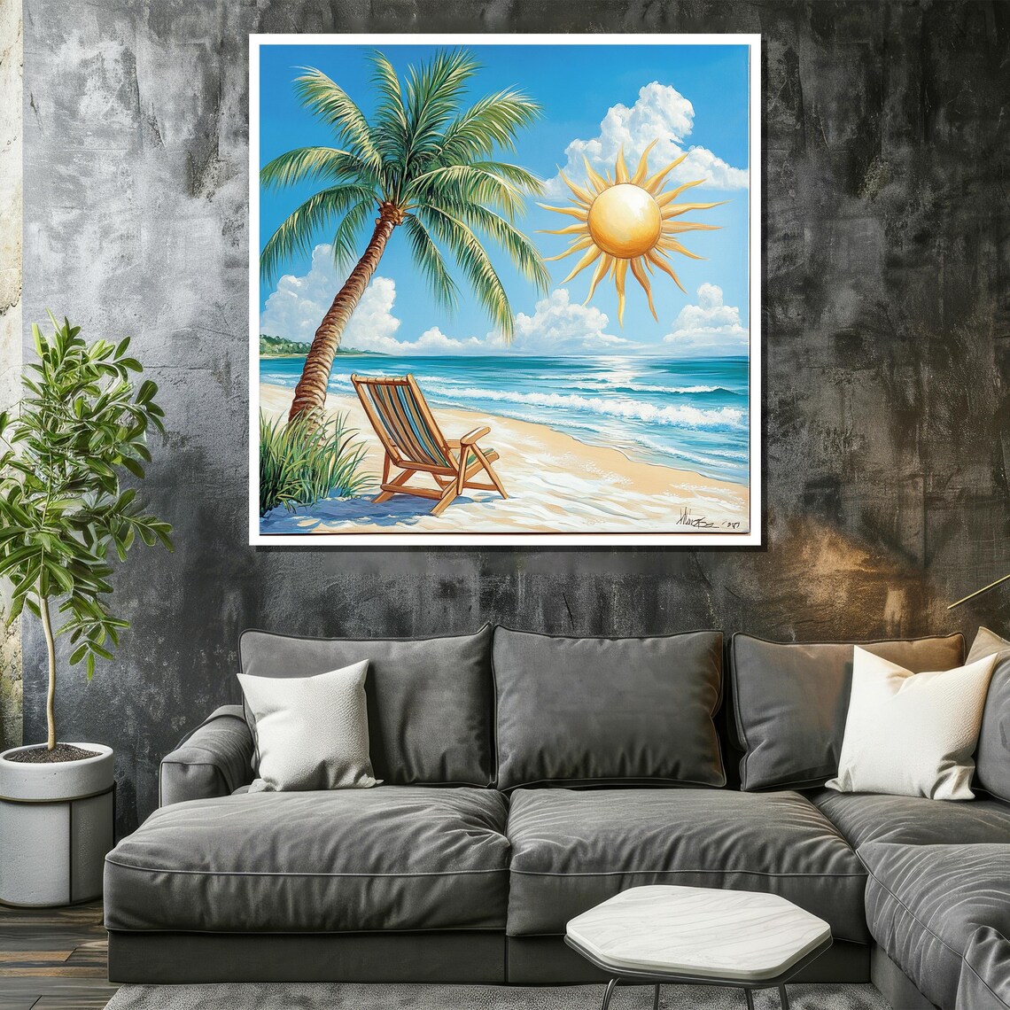 Sunny Tropical Beach with Palm Tree Chair and Bright Sun Poster - Image 2