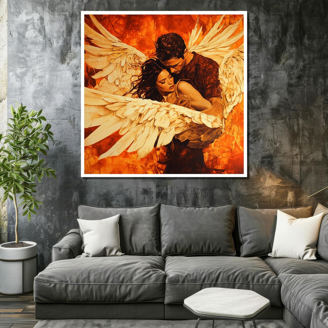 Angel Winged Lovers Embrace in Fiery Golden Sunset Glow Poster - Image 2