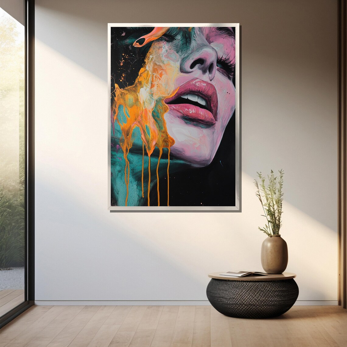 Surreal Melting Woman Face With Pink Lips Dripping Paint Poster - Image 3