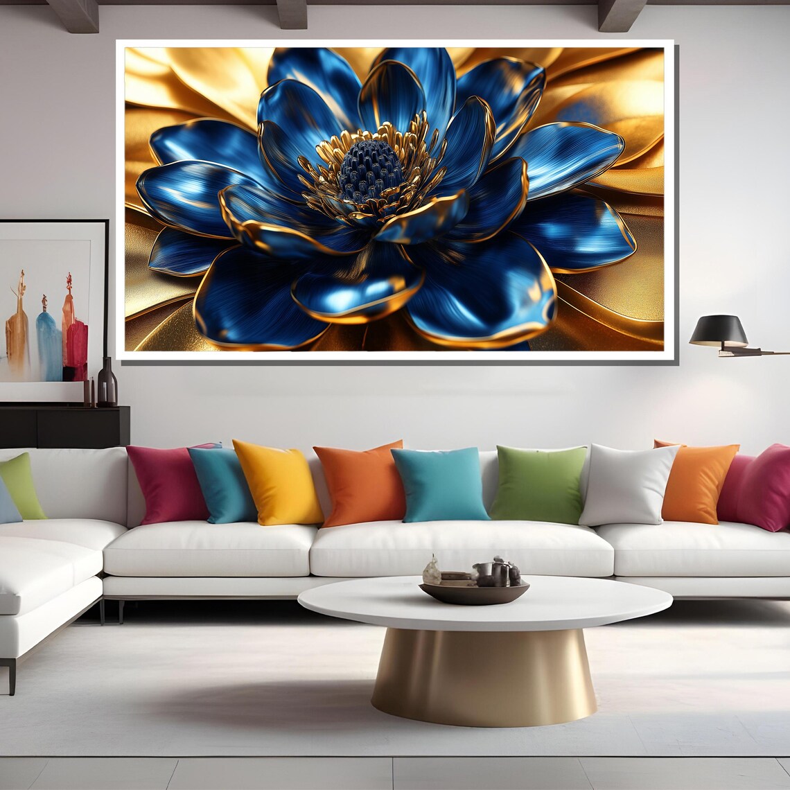 Metallic Blue And Gold Flower Luxury Botanical Elegant Decor Poster - Image 2