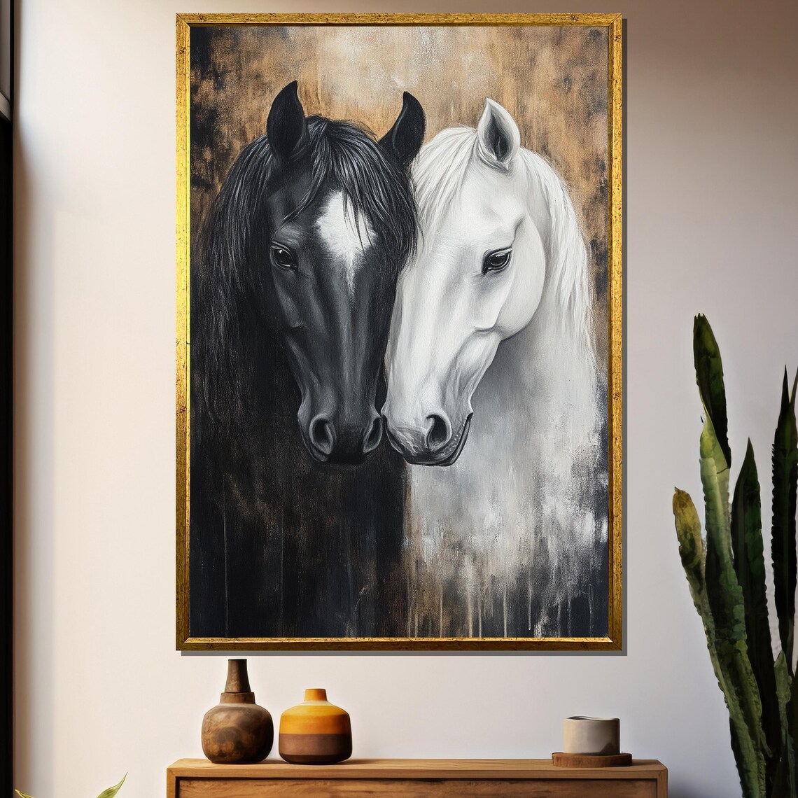 Black And White Horses Nuzzling Tender Dual Horse Portrait Art Poster