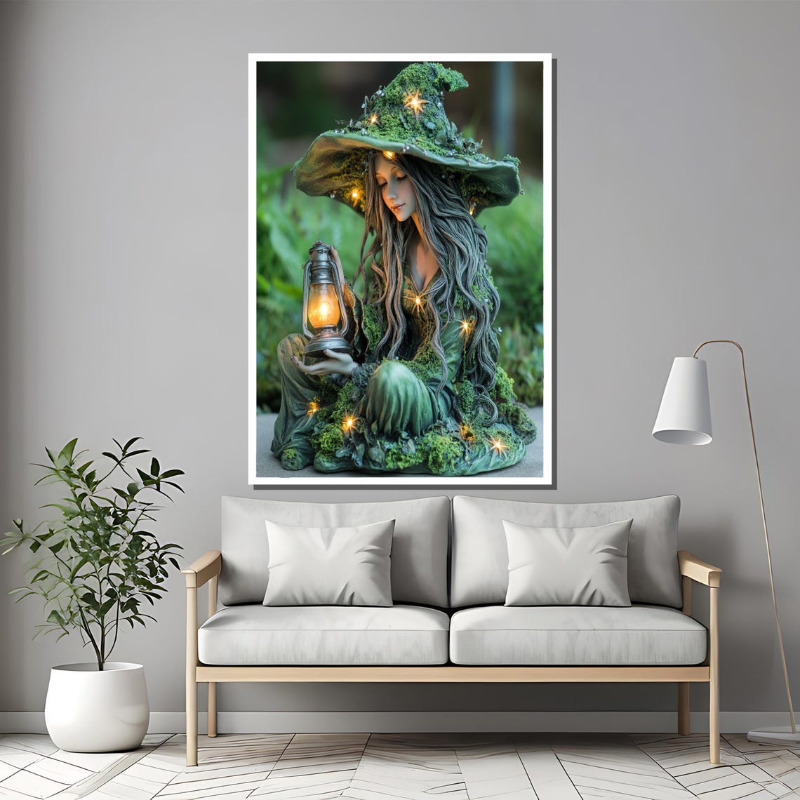 Moss-Covered Witch Statue Holding Glowing Lantern in Forest Poster - Image 2