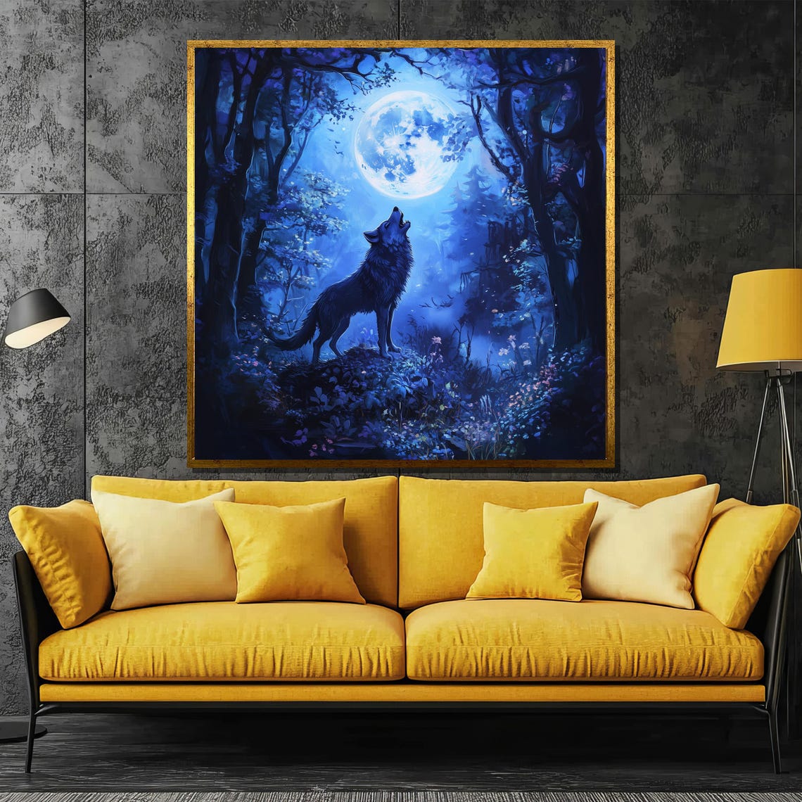 Howling Wolf Full Moon Over Blue Celestial Forest Night Poster