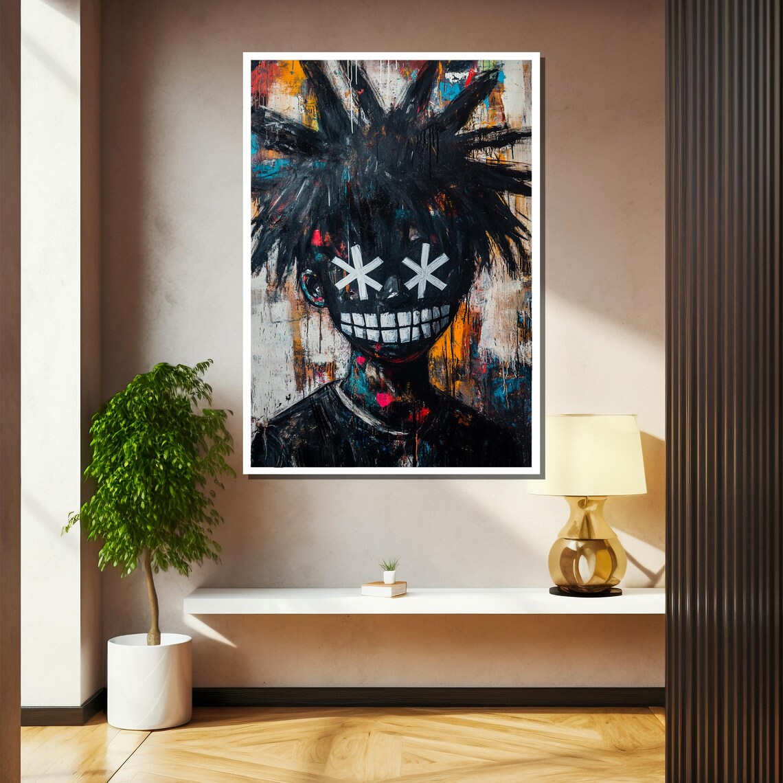 Basquiat-Inspired Grinning Figure with X Eyes and Wild Black Hair Poster - Image 2
