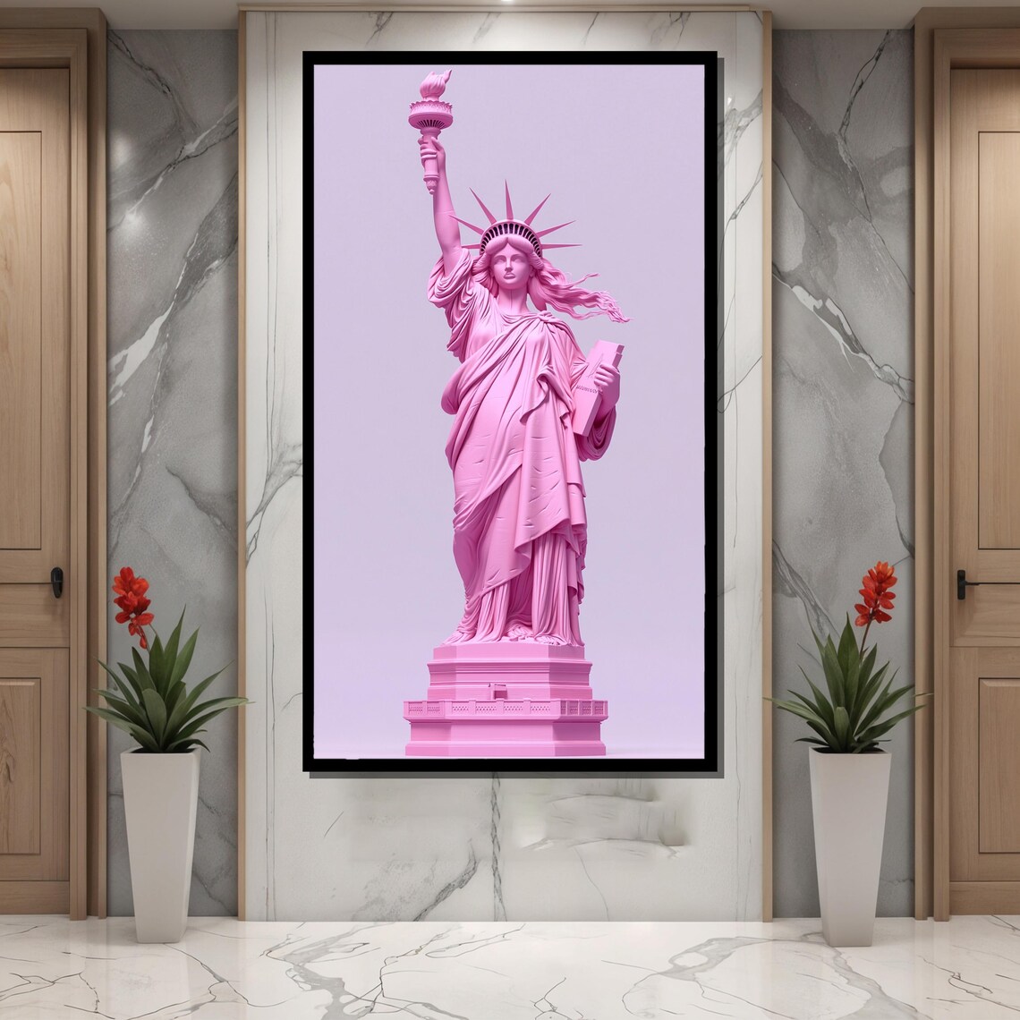Pink Statue Of Liberty Against A Soft Lavender Sky Art Poster - Image 4