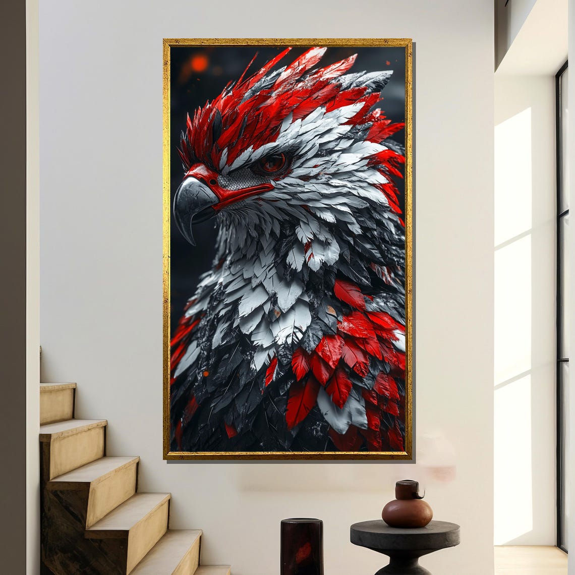 Fierce Eagle Painting Bold Red White Metal Feathers Powerful Gift For Strength And Patriotism