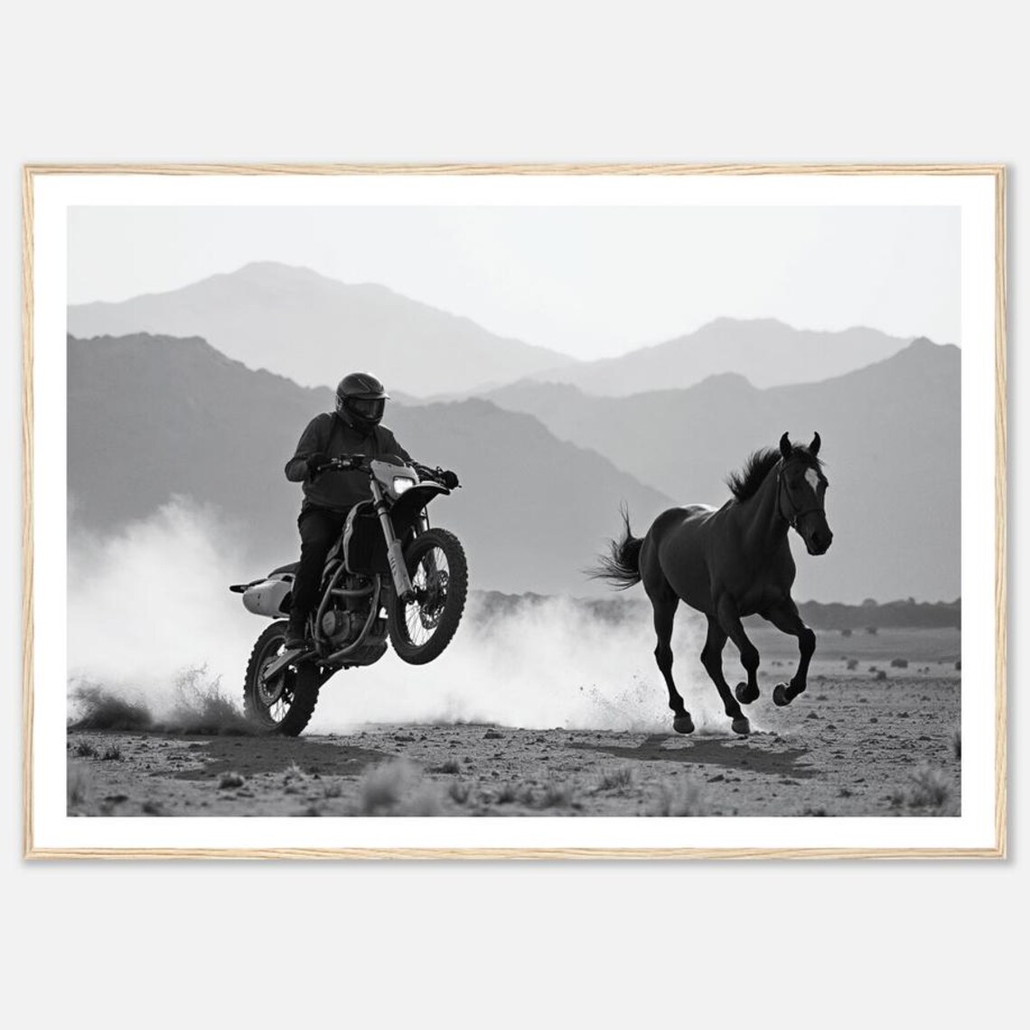 Moto Black and White Motorcycle Horse Desert Race Art Print