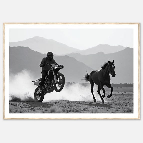 Moto Black and White Motorcycle Horse Desert Race Art Print