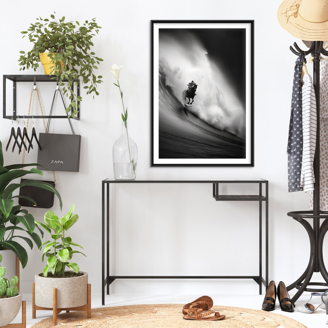Horseback Rider Surfing a Giant Wave in Black and White Photo Poster - Image 2