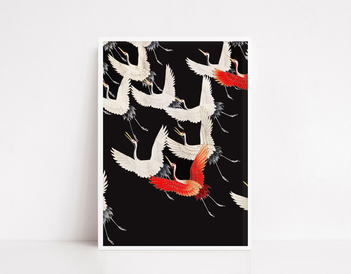 White Cranes Red Crane Flying Black Vintage Japanese Bird Poster