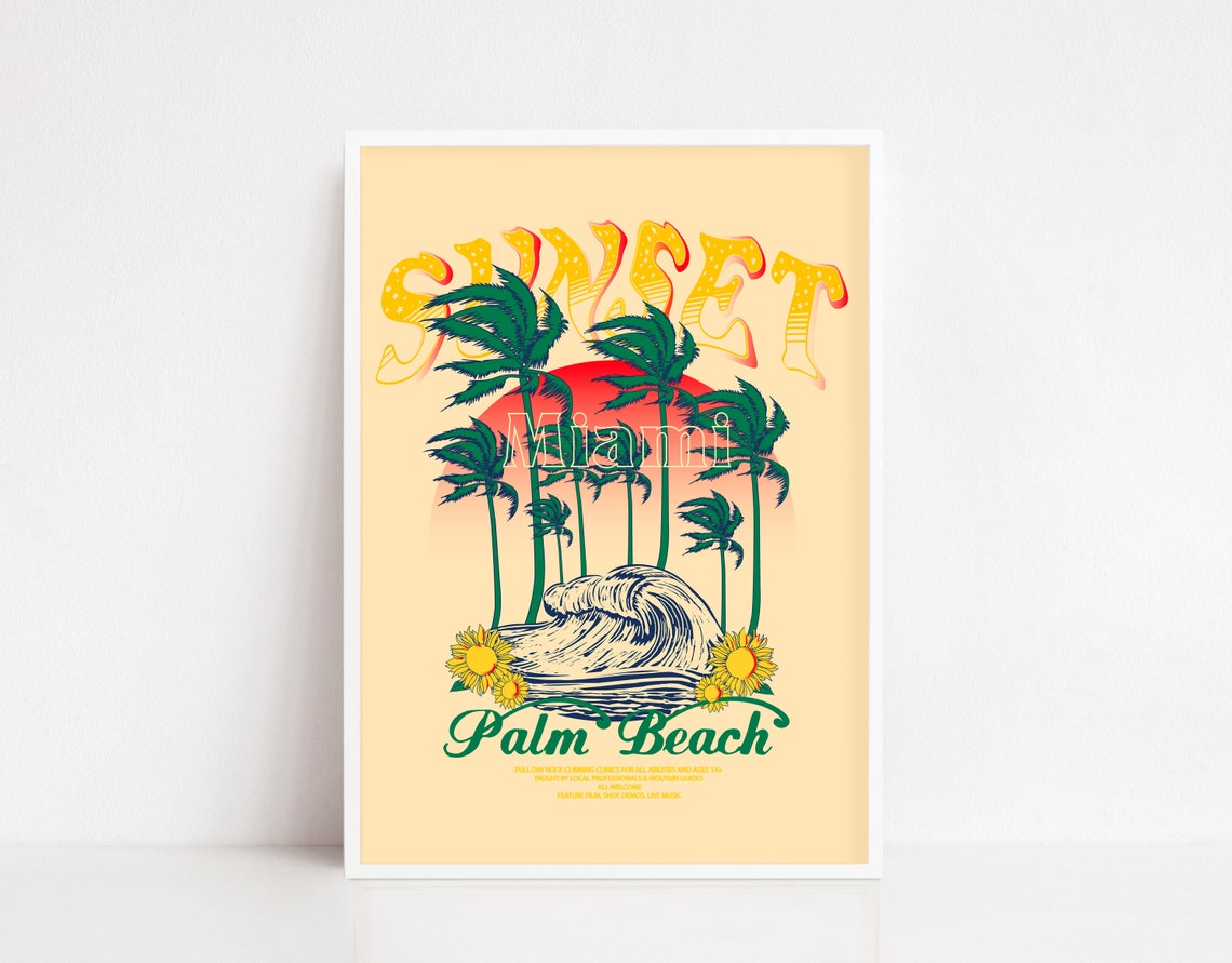 Sunset Miami Palm Beach Retro Surf Wave Coastal Travel Art Poster