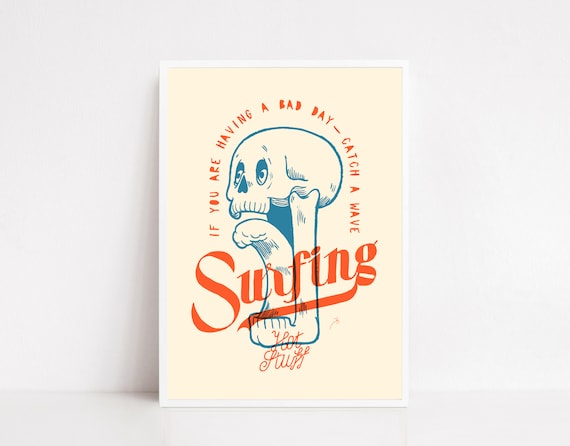 Surfing Skull Catch A Wave Vintage Surf Lifestyle Beach Art Poster