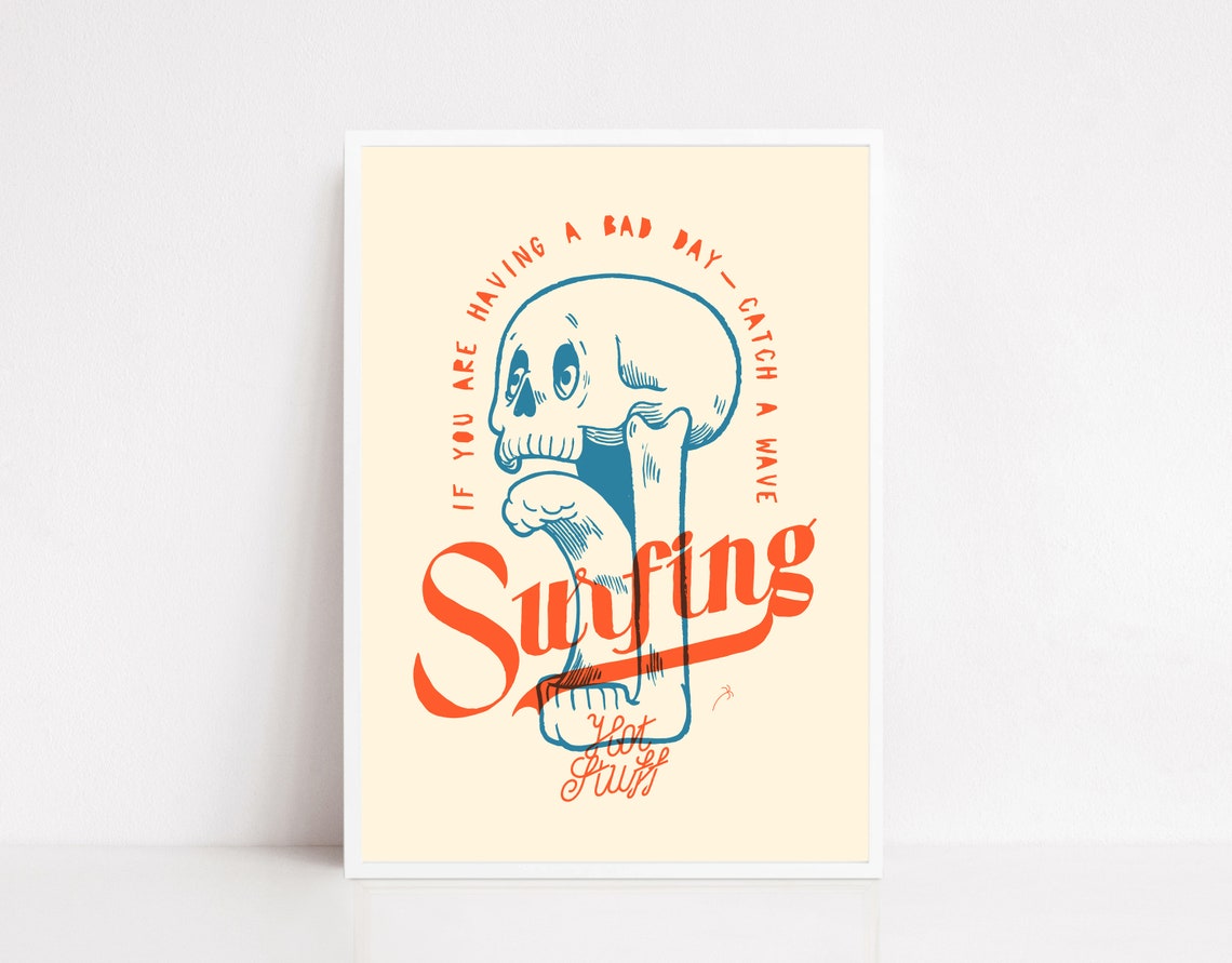 Surfing Skull Catch A Wave Vintage Surf Lifestyle Beach Art Poster