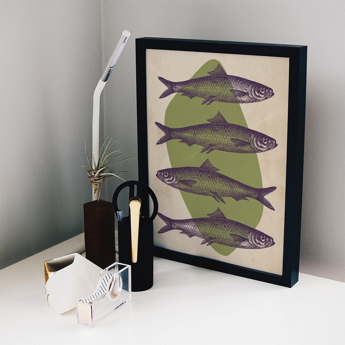 Vintage Herring Fish Illustration Retro Green Kitchen Wall Art Poster - Image 2