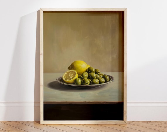 Green Olives Lemon Kitchen Print Elegant Food Art Poster
