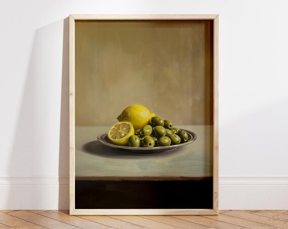 Lemon and Green Olives Classic Still Life Painting Food Art Print
