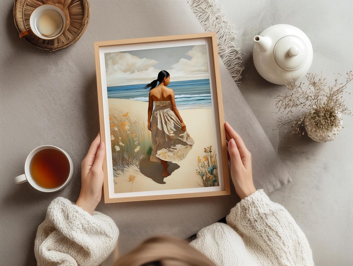 Woman On Beach Windy Dress Back View Coastal Seaside Art Poster - Image 3