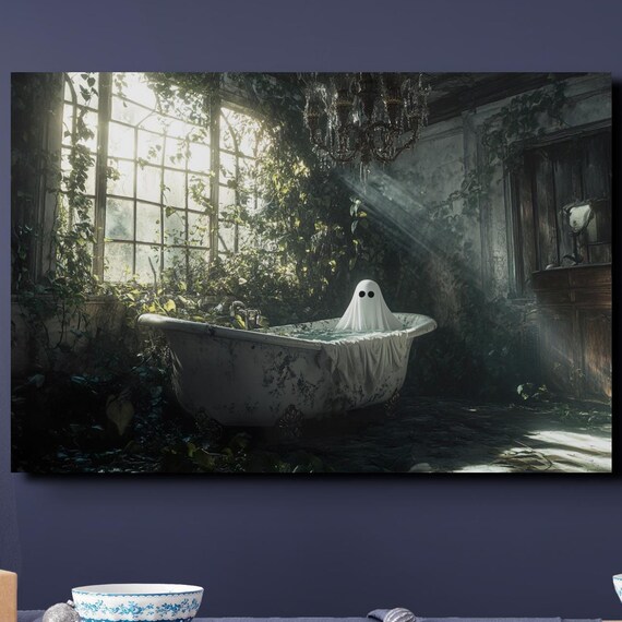 Spooky Cute Ghost Bath Time Abandoned Greenhouse Horror Art Poster