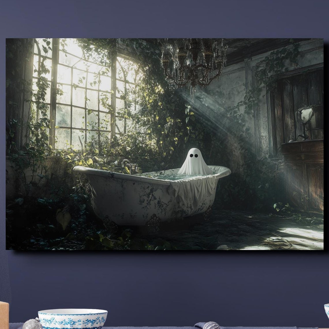 Spooky Cute Ghost Bath Time Abandoned Greenhouse Horror Art Poster