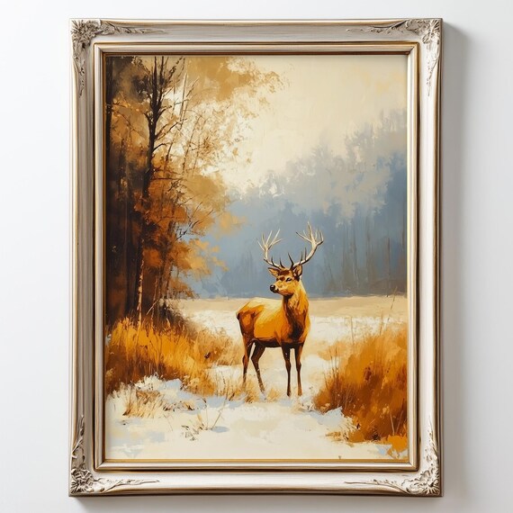 Rustic Deer Winter Landscape Art Vintage Cabin Print