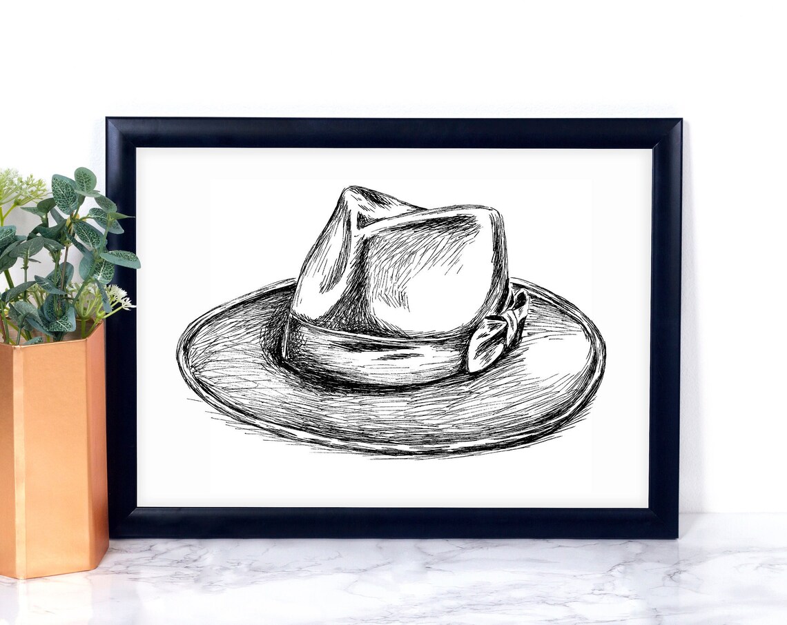 Mens Fedora Hat Ink Sketch Vintage Black White Fashion Art Poster