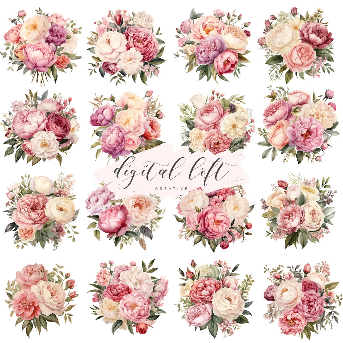 Watercolor Blush Pink Peony Bouquets Floral Collection Poster
