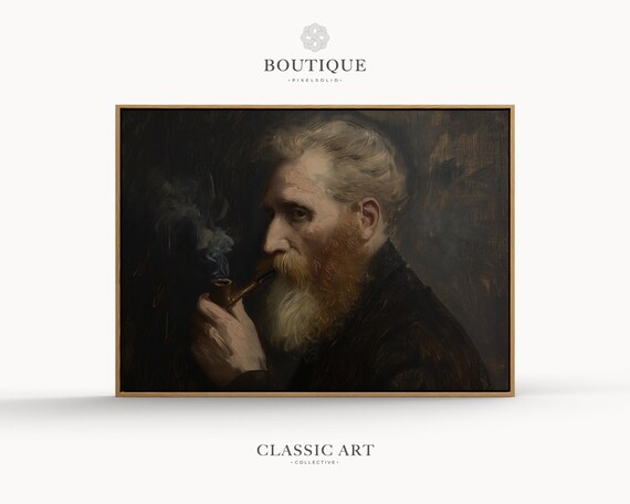 Old Man With Pipe Dark Moody Classic Vintage Oil Portrait Print