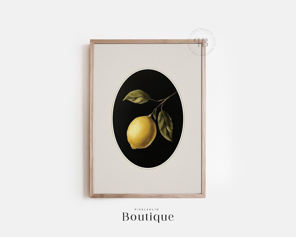 Lemon Botanical Print Vintage Style Still Life Wall Art Dark Academia Fruit Illustration Kitchen Dining Decor No668
