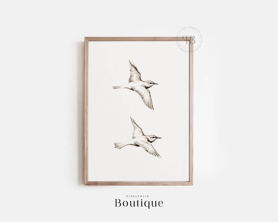 Flying Mockingbird Pair Sepia Sketch Minimalist Wildlife Poster