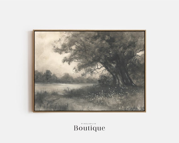 Oak Tree River Landscape Painting Moody Country Side Neutral Wall Art Cottage Core Decor No370