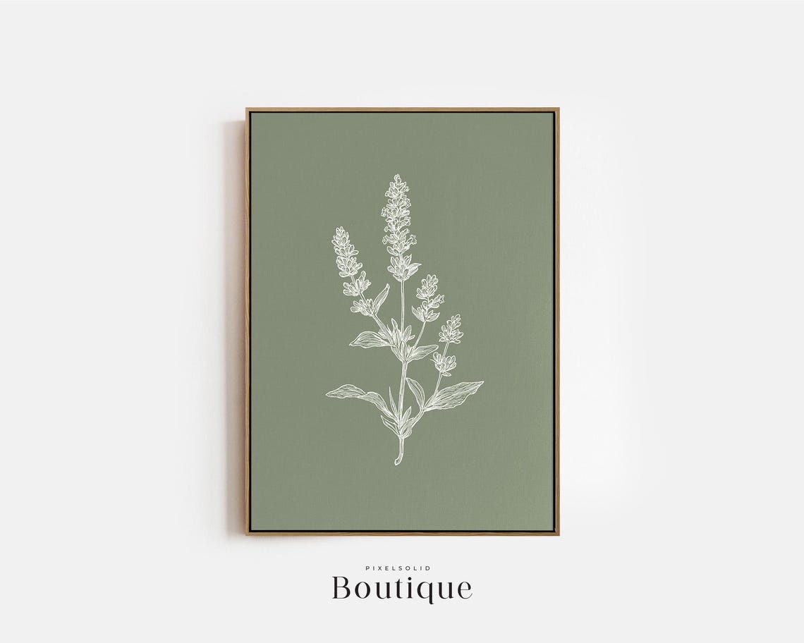 White Lavender Sprig Line Drawing on Soft Sage Green Floral Print