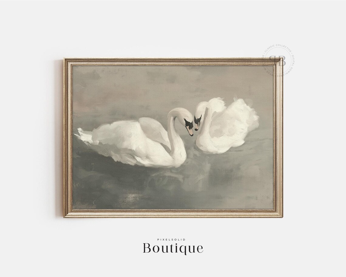 Two White Swans Heart Necks Vintage Oil Painting Love Poster