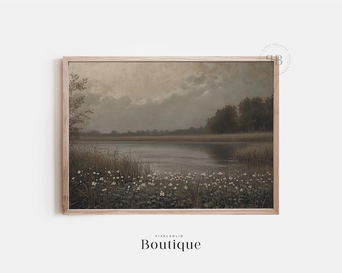 Moody Lakeside Wildflowers Countryside Landscape Vintage Poster