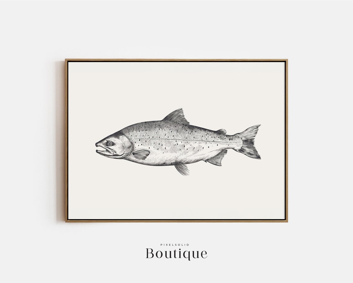 Salmon Fish Sketch Neutral Minimalist Fishing Lodge Wall Art
