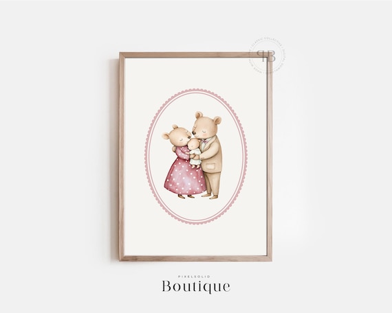 Bear Family Nursery Pink Watercolor Parents Baby Decor Wall Art
