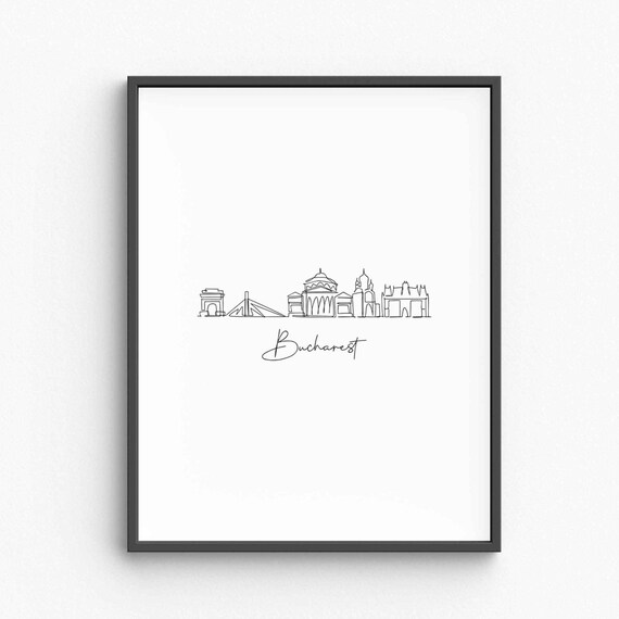 Bucharest Romania Skyline Single Line Drawing Minimalist Travel Poster