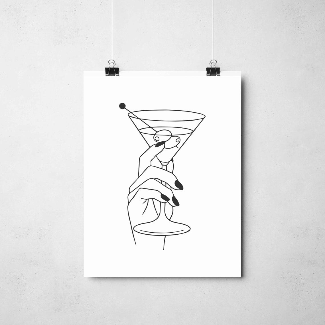 Hand Holding Martini Glass Olive Cocktail Chic Line Art Poster - Image 2